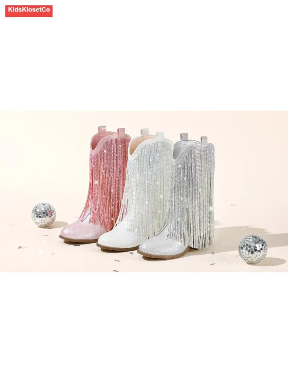 Rhinestone Fringe Cowgirl Boots for Girls Mid Calf Pointed Toe Cowboy Boots